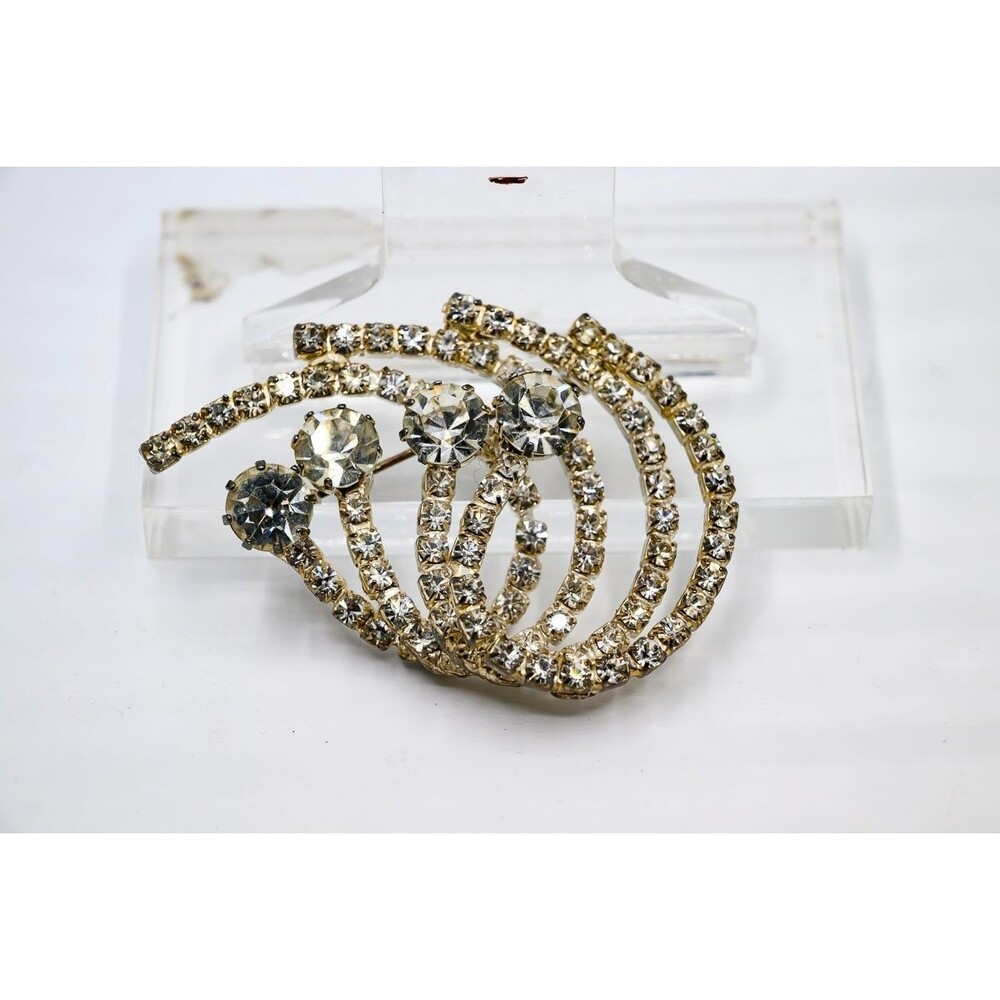 Vintage Rhinestone Pin Brooch Silver Tone Swirl wave